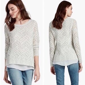 LUCKY BRAND Chevron Metallic Ivory Knit Layered Chiffon Wool Cotton‎ Sweater XS